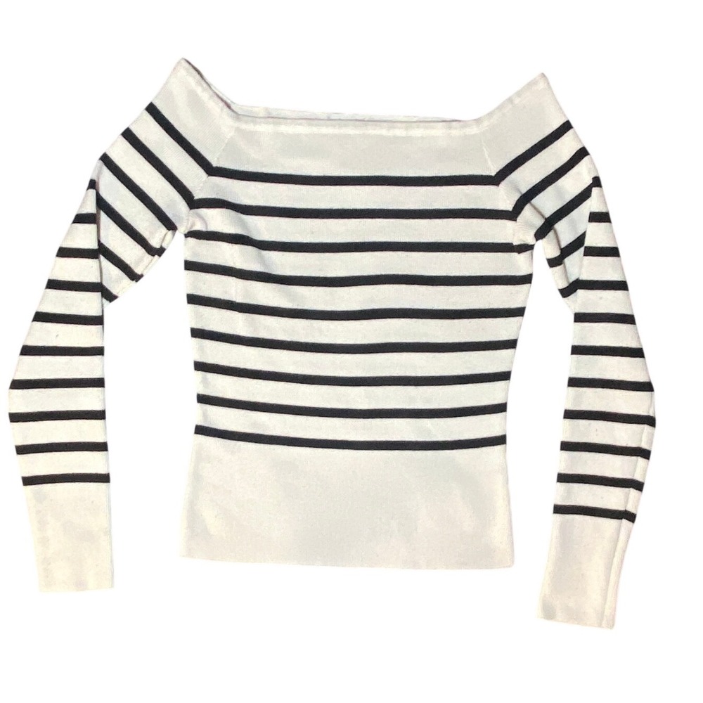 The Workshop Women's boat neck Striped Knit Top White Black Long Sleeve M